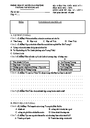 Bài kiểm tra cuối học kỳ I môn Lịch sử & Địa lí Lớp 4 - Năm học 2021-2022
